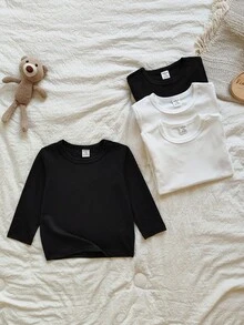 SHEIN Vintaside Kids Baby Jungen Set aus reinen weißen Langarm-T-Shirts mit Rundhalsausschnitt für Frühling und Herbst. Der Stil ist lässig, einfach, bequem und vielseitig. Herbst Winter - Schwarz und Weiss - Übersicht 5