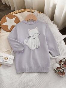 SHEIN Vintaside Kids 女婴可爱猫咪图案长袖针织毛衣裙，适合春秋冬 - 淺灰色 - 查看 9