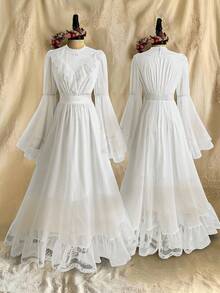 Lyrianda Solid Color Princess Style Sweet Cute Elegant Waist Cinched Lace Patchwork Dress