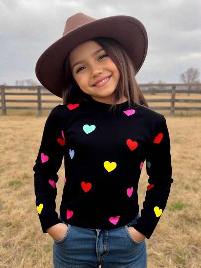 Emery Rose Kids Emery Rose Kids 年轻女孩休闲立领高领长袖心形印花T恤，秋季