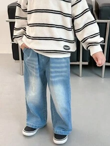 Genkimix Kids Young BoyClassic Black & White Striped Fleece Crew Neck Sweatshirt Paired With Loose Straight Leg Jeans Pants Set, Autumn/Winter Fall