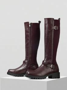 MOTF PREMIUM 女士时尚个性化多功能及膝马靴，适合万圣节 - 酒紅色 - 查看 2