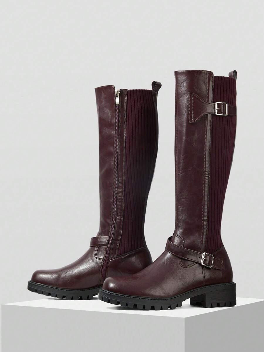 MOTF PREMIUM 女士时尚个性化多功能及膝马靴，适合万圣节 - 酒紅色 - 查看 2