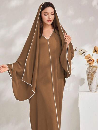 Al Najma Elegant Contrast Trim Batwing Sleeve Robe & Headscarf Kaftan Jalabiya Dress