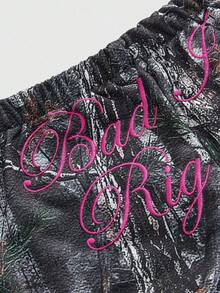 ROMWE Y2K Low Waist Sexy Camouflage Print Contrast Color Embroidered English Text Dolphin Shorts For Women