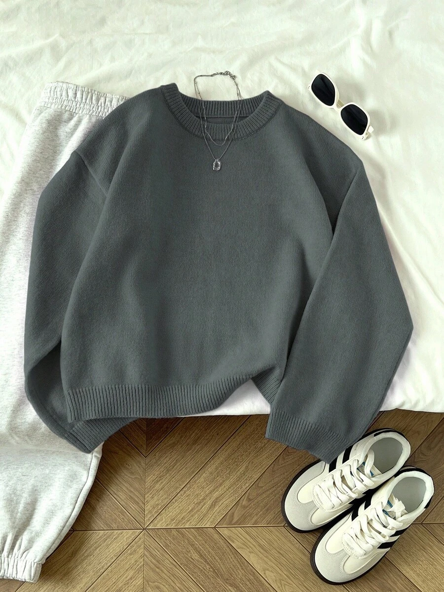 Elamini Women's Casual Solid Color Sweater, Autumn/Winter - Dark Grey - View 1