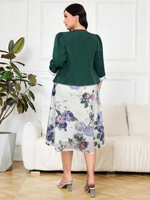 Modelyn Plus Size Women 3/4 Sleeve Jacket With Floral Decor And Sleeveless Floral Print Dress Elegant 2-Piece Set, Autumn - White - View 4