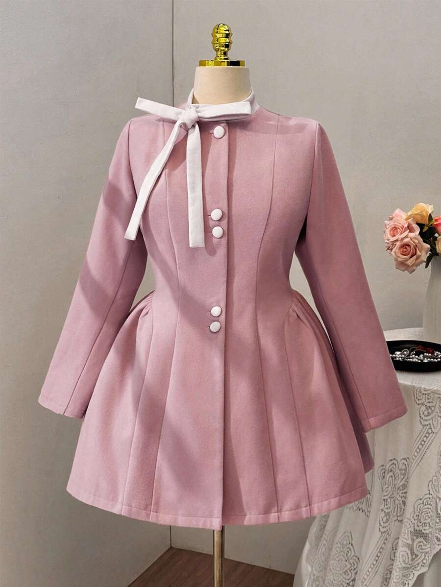 Sweetra Plus Size Women Elegancki design Kontrastowy kolor Patchwork Wysokiej jakości dwustronna wełniana tkanina Zapięcie na guziki Kołnierz stójka Dół w kształcie litery A Jesień/Zima Nowość, Nadaje się na powrót do szkoły, imprezę, wieczorne wyjście, Uniwersalny modny design Długi wełniany płaszcz