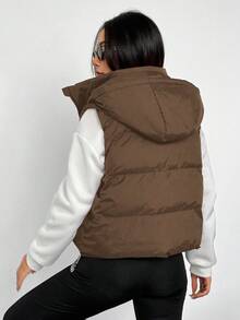 SHEIN Sparklyn 青少年女孩休闲百搭百搭日常保暖秋冬短款连帽棉衣背心 - 棕色 - 查看 2