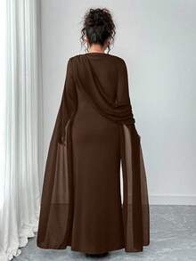 Elenzga Bata elegante con cintura ajustada, talla grande, de gasa azul marino - Café integral - Ver 2