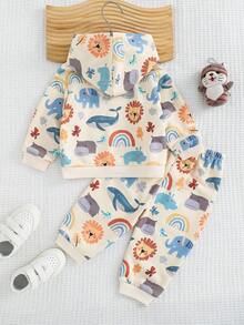 Cozy Pixies 2件套男婴卡通恐龙印花连帽卫衣和慢跑裤套装 - 彩色 - 查看 2