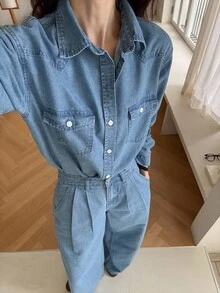 DAZY Women's Loose Turndown Collar Denim Shirt And Straight Leg Jeans Casual Denim Suit - Medium Wash - View 5