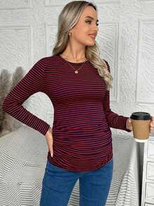 SHEIN 孕妇条纹圆领长袖修身休闲T恤 - 寶藍色 - 查看 5