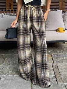 Livesso 女式松紧腰格子休闲裤，秋季 - 卡其色 - 查看 5