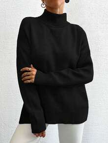 EURMUSE Áo len ngắn cổ lọ trơn màu thường ngày cho nữ, Thu/Đông - màu đen - Xem 3