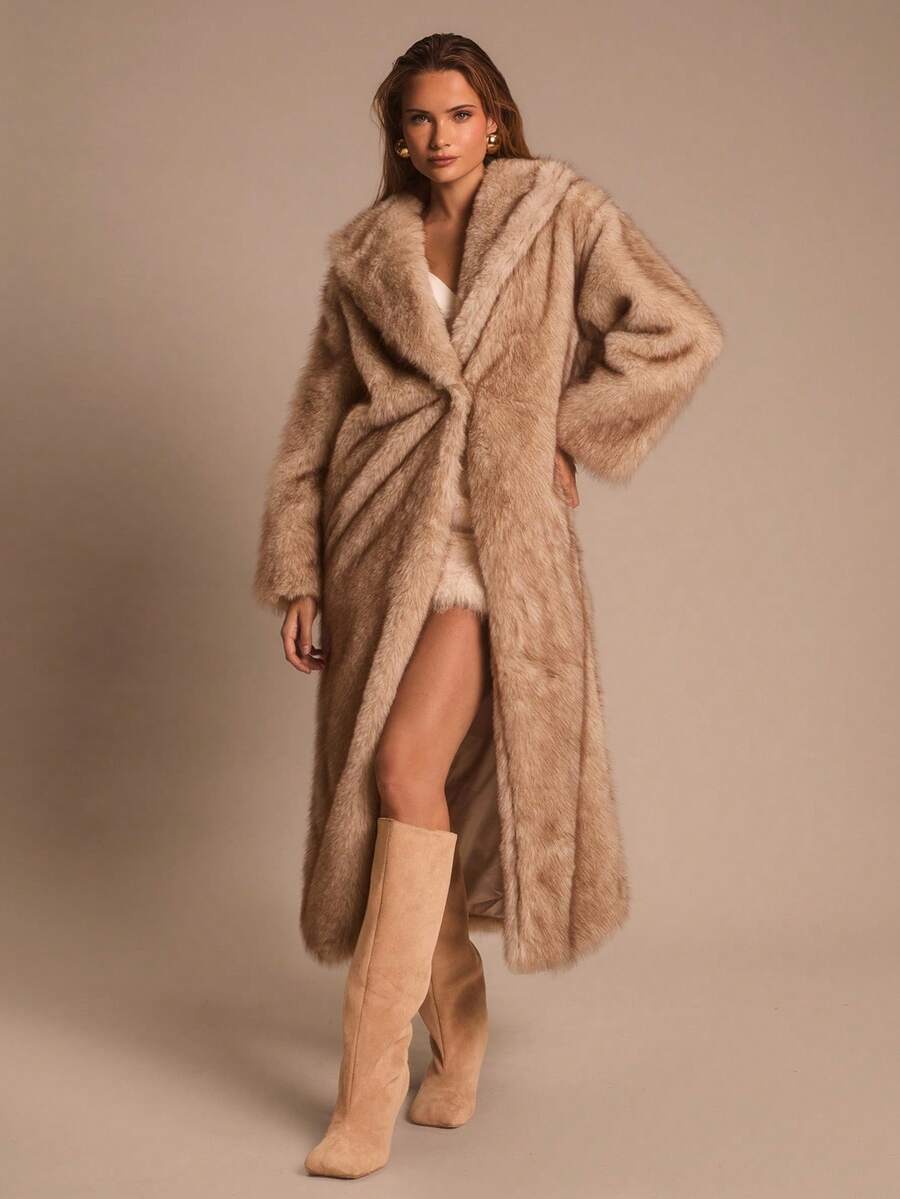 SHEIN Glamour 奢华仿皮草大衣，女士翻领开襟长袖外套，女士冬季外套，商务休闲装，机场旅行，加厚冬装，大地色系，女士冬季蓬松奢华款 - 咖啡棕 - 查看 1