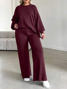 EURMUSE Plus Size Solid Color Long Sleeve Sweatshirt Set With Hoodie & Pants - Burgundy - View 7