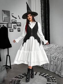 SHEIN Whyspr 哥特式宽松蝙蝠背心百搭泡泡袖连衣裙，适合万圣节穿着 - 黑與白 - 查看 4