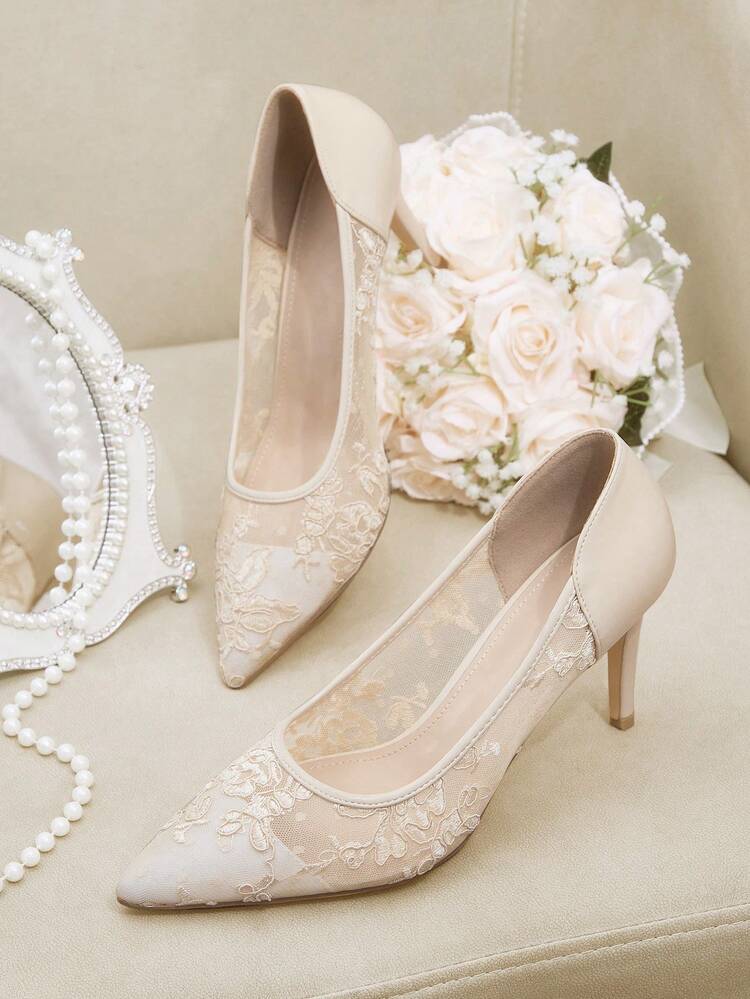 CUCCOO HITCHD Pointed Toe Fine Heel Apricot Lace Mesh Wedding Shoes, Breathable Elegant Fairy Style Women High Heel Pumps For Christmas Elegant Shoes Wedding Shoes Summer Shoes Bride Shoes