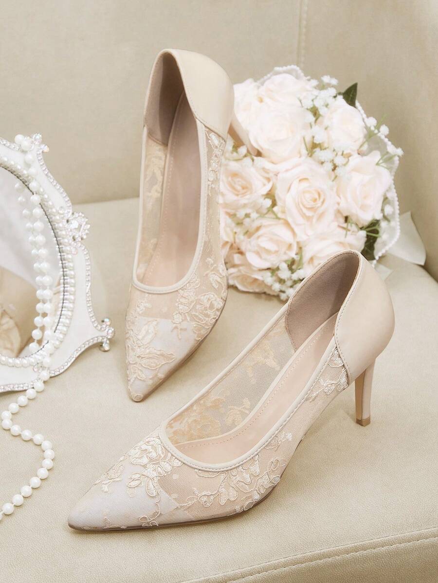 CUCCOO HITCHD 尖头细跟杏色蕾丝网眼婚鞋，透气优雅仙女风格女士高跟鞋 - 杏色 - 查看 1