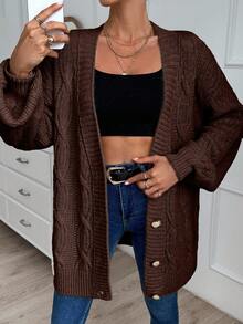 EURMUSE Women Cable Knit Detailed Oversize Cardigan - Brown - View 3