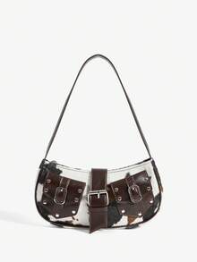 SHECARRY Sac à épaule pour femmes, sac Hobo, poches multiples, décoration boucle, peluche, imprimé vache, imprimé animal, patchwork, , personnalisé, simple, polyvalent, de rue, doux et cool pour filles, filles branchées, Y2K, rétro, rivets, vintage, adolescentes, pour rendez-vous, usage quotidien, shopping