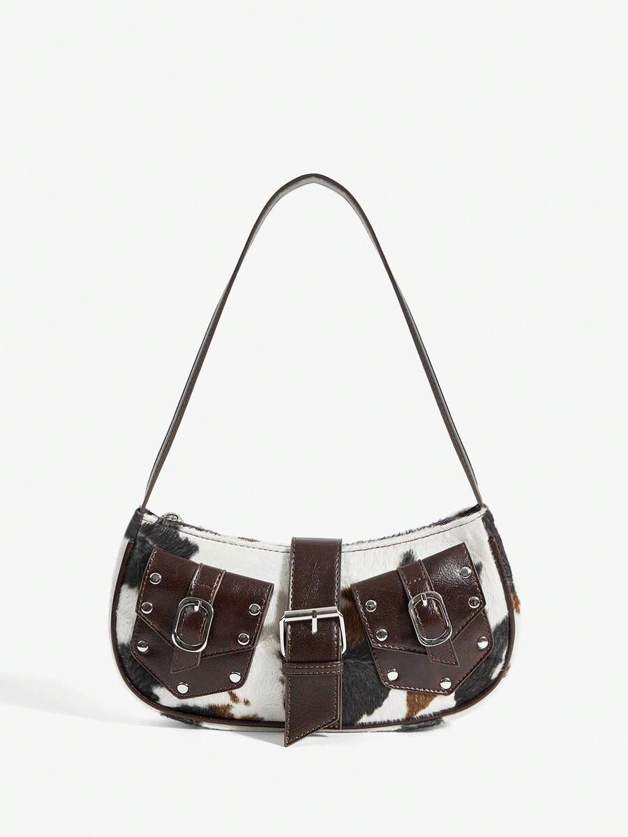 SHECARRY Sac à épaule pour femmes, sac Hobo, poches multiples, décoration boucle, peluche, imprimé vache, imprimé animal, patchwork, , personnalisé, simple, polyvalent, de rue, doux et cool pour filles, filles branchées, Y2K, rétro, rivets, vintage, adolescentes, pour rendez-vous, usage quotidien, shopping