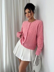 SHEIN Elenzya 女式纯色圆领长袖落肩前扣休闲针织开衫，带纹理饰边 - 粉色 - 查看 8