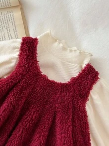 LMoss Kids 2pcs Baby Girl Knitted Solid Color Ruffle Collar T-Shirt And Fluffy Round Neck Sleeveless Dress Set