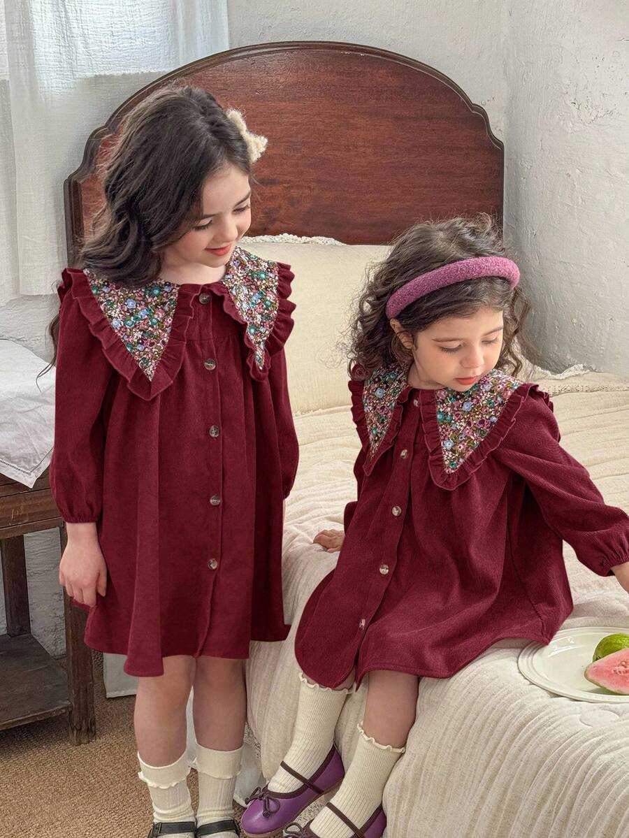 LMoss Kids 女婴梭织拼布花卉彼得潘领休闲连衣裙