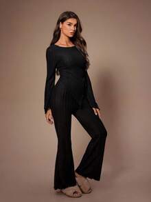 SHEIN 女士针织羊毛不对称领口和下摆抽绳褶皱侧长袖裤家居服套装，秋冬服装，舒适装 - 黑色 - 查看 5