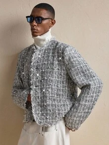 AKNOTIC Business Casual AKNOTIC Men's Plaid Tweed Pearl Decor Jacket, Christmas Party & Business Casual Outerwear, Autumn/Winter, Boyfriend/Friend Gift, Holiday