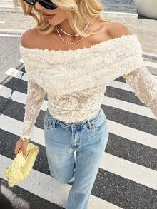 SHEIN Frenchy Blusa elegante de mujer con hombros descubiertos y bordado de encaje, para otoño/invierno