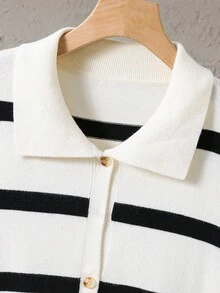 SHEIN White Striped Collared Drop Shoulder Knit Cardigan Sweater For Teenage Boys,Autumn Back-To-School Versatile Casual Knitwear For School,Daily,Party - Multicolor - View 4