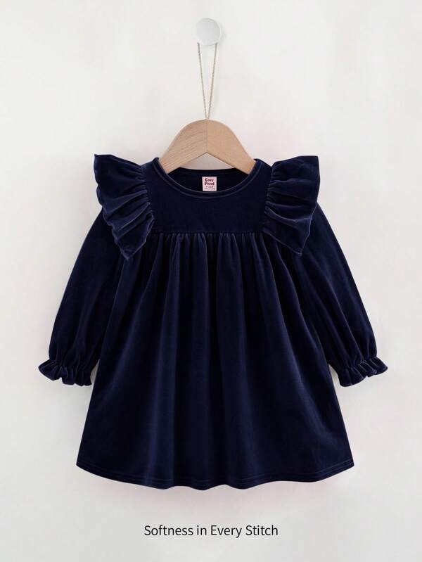 Cozy Pixies Baby Mädchen einfarbiges gestricktes weiches Kleid mit Rundhalsausschnitt, Rüschensaum und Taillenzug, Langarm