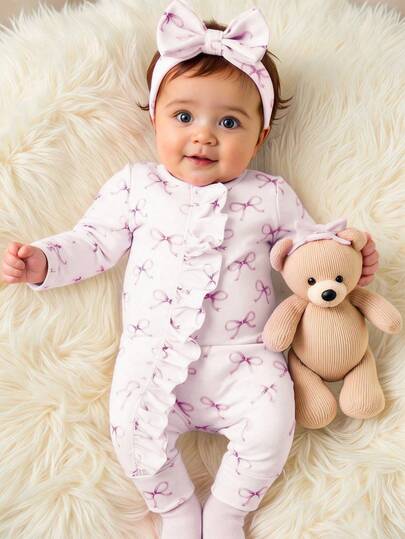 SHEIN Uroczy kombinezon z długim rękawem i falbanką z nadrukiem motyli, strój do fotografii noworodkowej i rekwizyt