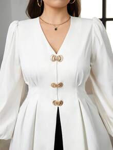 Modelyn Plus Size Elegant Commuter Solid Color Lantern Sleeve Cinched Waist Shirt - Beige - View 3