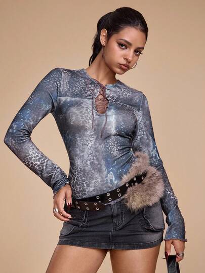 Grunge Punk ملابس علوية ضيقة ذات رقبة على شكل V عميقة بطبعة الفهد المربوطة بصبغة التعتيق بطراز عتيق وجذاب