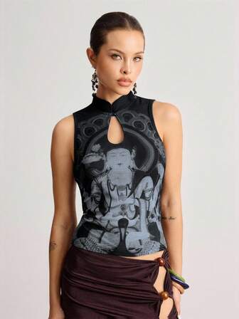 Grunge Punk Débardeur moulant femme style vintage chinois avec imprimé Bouddha