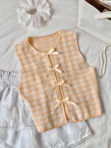 Comfortcana Women's Autumn Checkered Sleeveless Casual Knit Top With Bow Decor