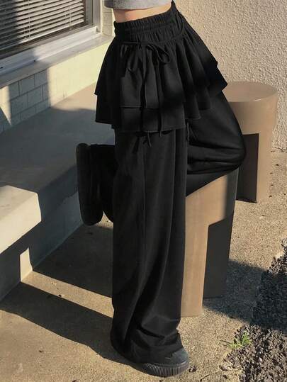 FRIFUL Women's Solid Black Elastic Waist Straight Leg Pants With Layered Drawstring Hem, Loose Casual Two Pieces Set, Autumn