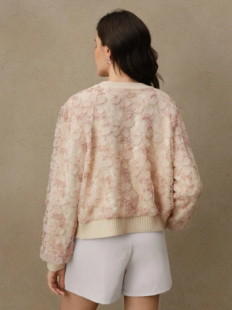 Women's Mesh Patchwork Embroidery Front Button Long Sleeve Casual Cardigan