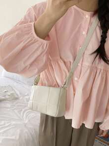 DAZY 休闲风格女式褶皱泡泡袖圆领衬衫，秋季服装 - 淺粉色 - 查看 4