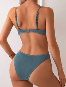 SHEIN Swim Bộ bikini sọc gợi cảm dành cho nữ, Đồ bơi đi nghỉ - Màu xanh lá cây đậm - Xem 2