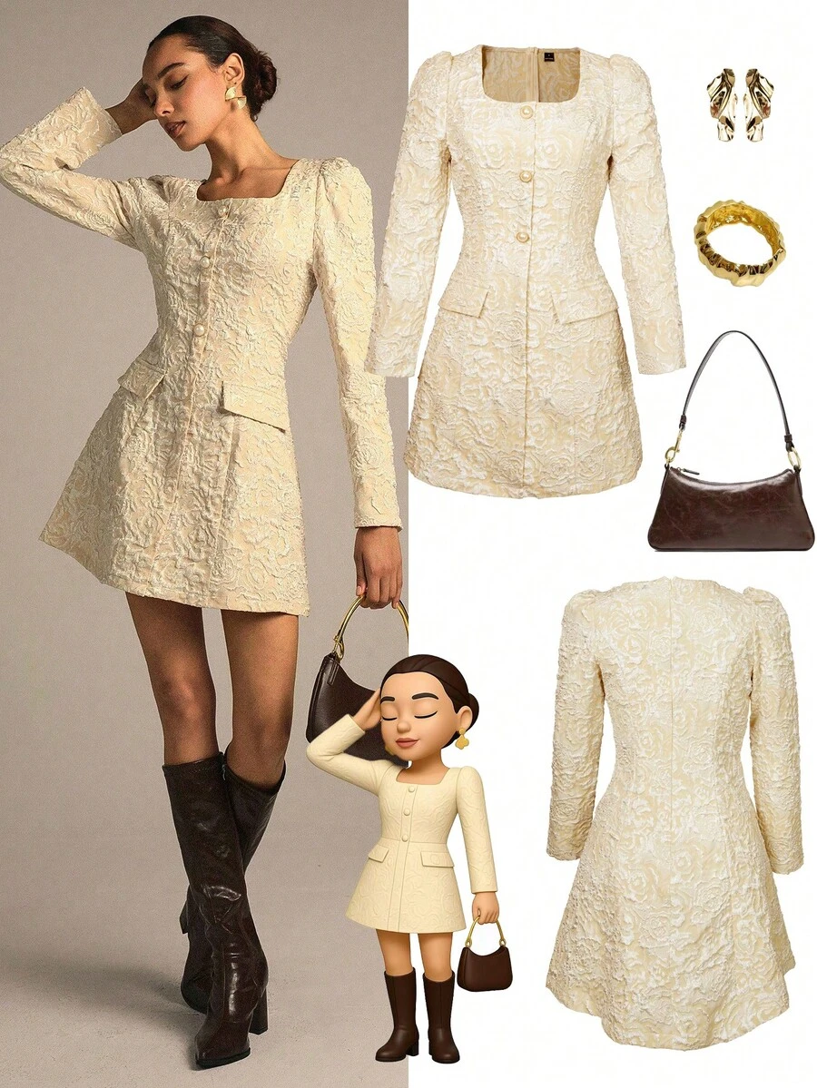 Modelyn 女式提花纹理长袖纽扣优雅 A 字短款派对/毕业礼服 - 杏色 - 查看 1