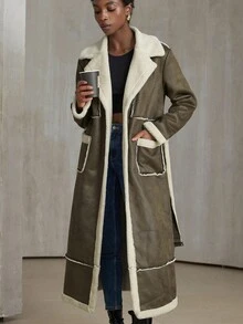 Aveloria Modichic Women's Casual Fashion Street Faux Fur Lined Long Coat With Belt, Autumn/Winter - Army Green - View 2