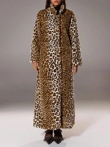 SHEIN Unity Leopard Print Long Sleeve Button-Front Long Regular Casual Jacket Fall Winter Cloth For Women - Khaki - View 3