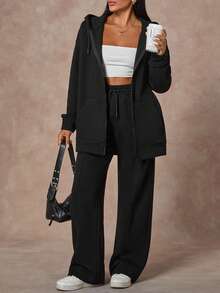 EURMUSE Women's Full-Zip Drawstring And Pocket Hoodie & Pants Wide Leg Pants Set 2 Piece Sets Woman Casual Tall Two Piece Set Two Piece Outfits - Black - View 5
