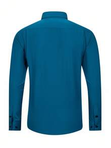 Manfinity Mode Men Business Casual Long Sleeve Shirt With Horse Print, Front Button Business Casual Navy Blue Dress Shirt, Fall