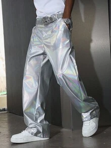 Manfinity EMRG Manfinity Streetrush Men's Silver Niche Design Laser Shiny Loose Straight Leg Trousers, Y2k Reflective Harajuku Rave Disco Holographic Pants, Fall